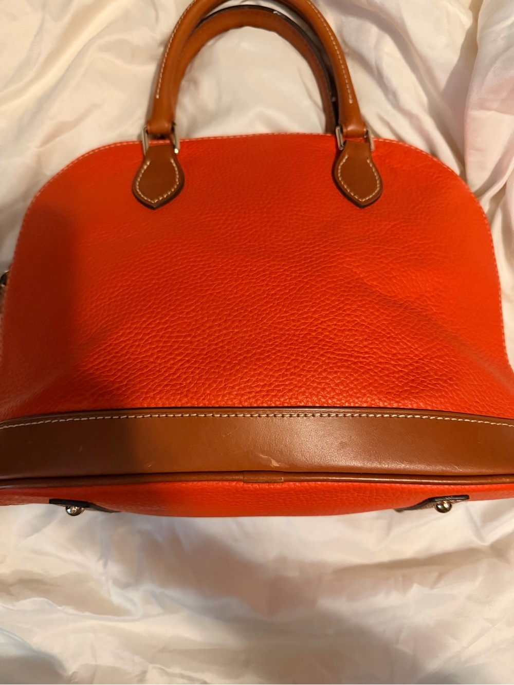 Dooney and Bourke Women's Orange Pebbled Leather Satchel with Brown Trim